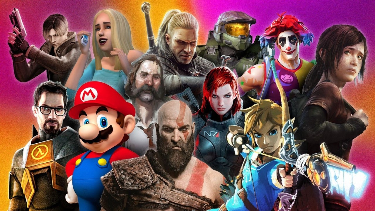 Montage réunissant des personnages célèbres de jeux vidéo, dont Mario, Link, Kratos, Ellie, Geralt, Master Chief et Gordon Freeman