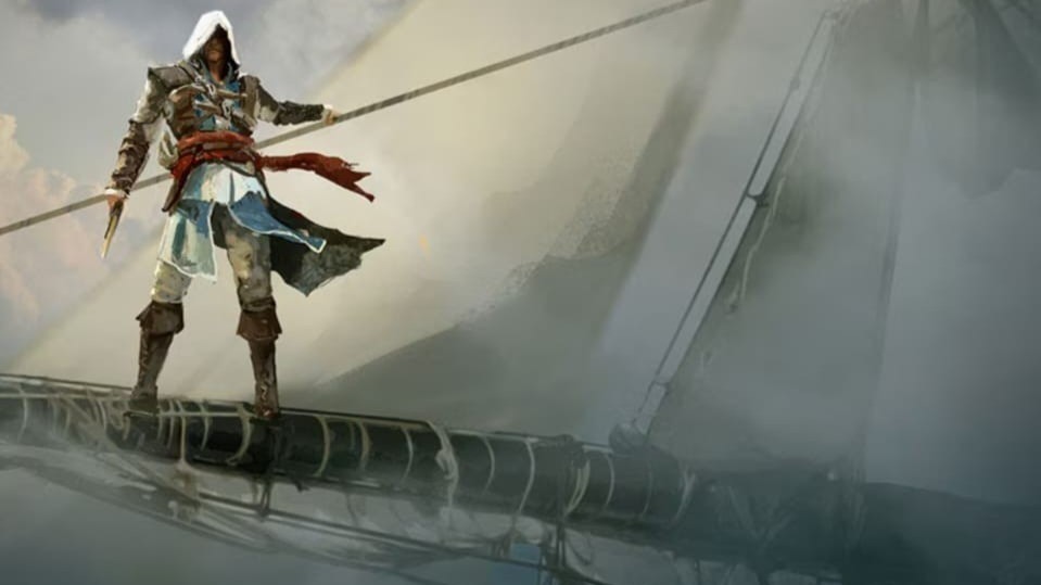 Illustration d'un assassin encapuchonné debout sur la vergue d'un voilier, une lame à la main, au milieu des voiles et de la brume